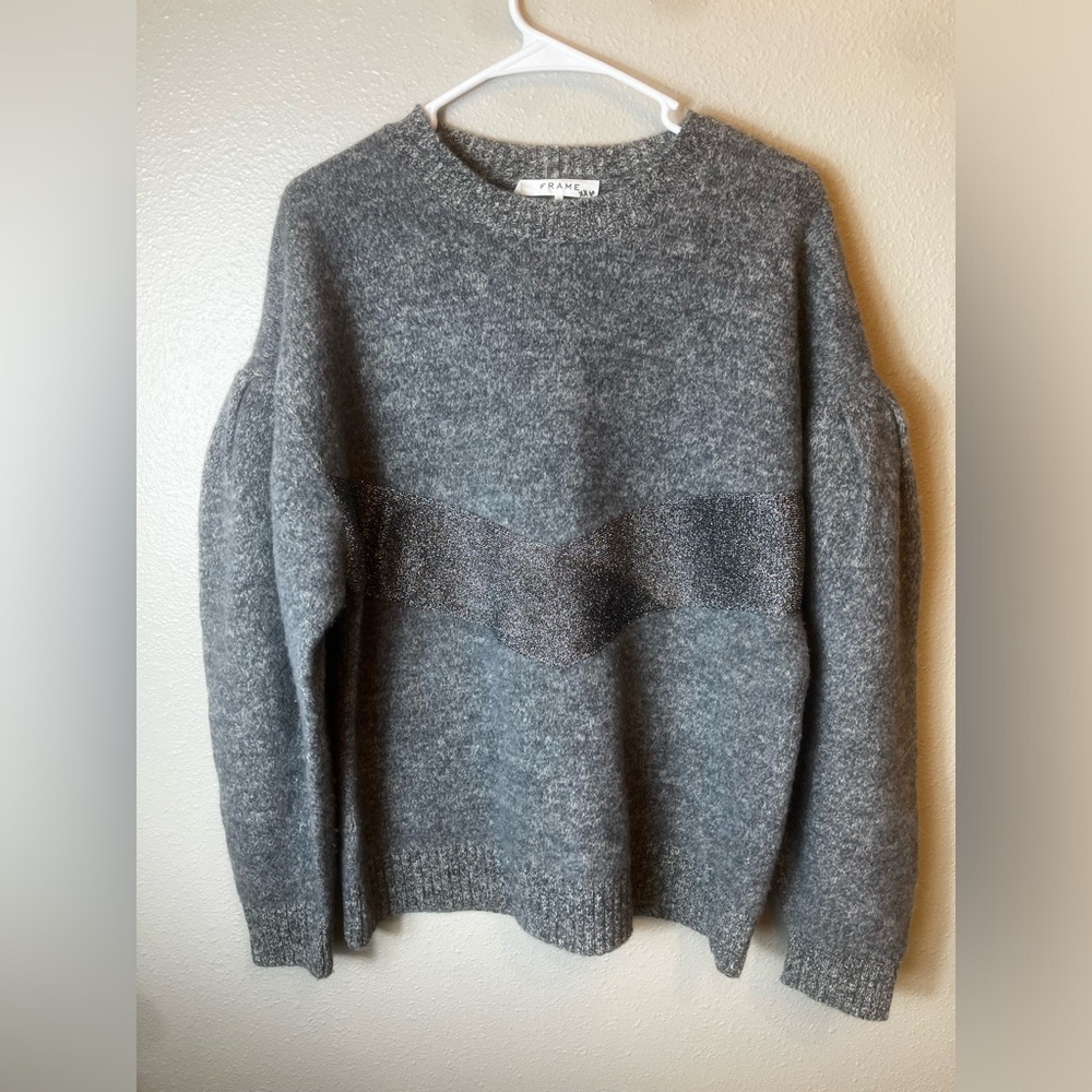 FRAME Merino Lambswool Sweater with Chevron Metallic Detailing Puff Sleeves XS